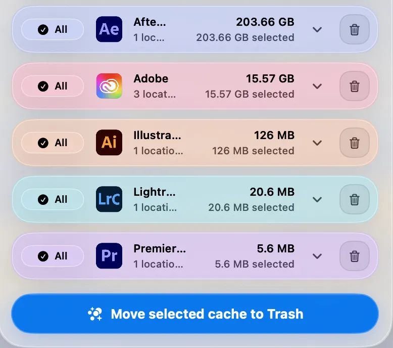 Cache Kid scan results showing paths, sizes, and selected cache items