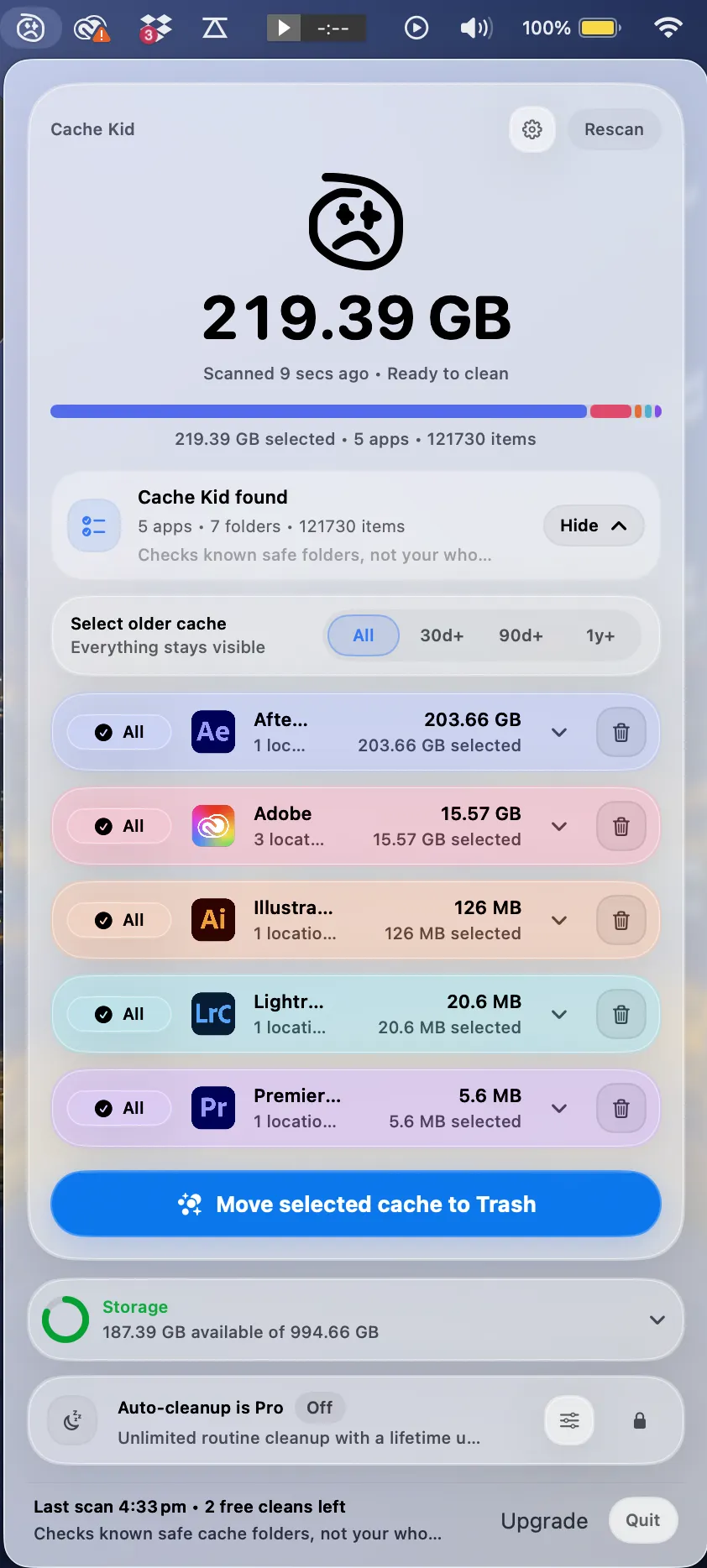 Cache Kid scan results showing creative app cache sizes