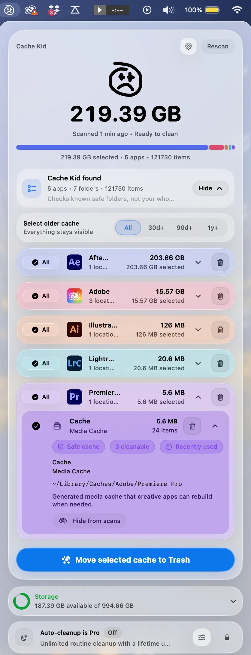 Cache Kid menu showing Premiere Pro cache expanded with folder details