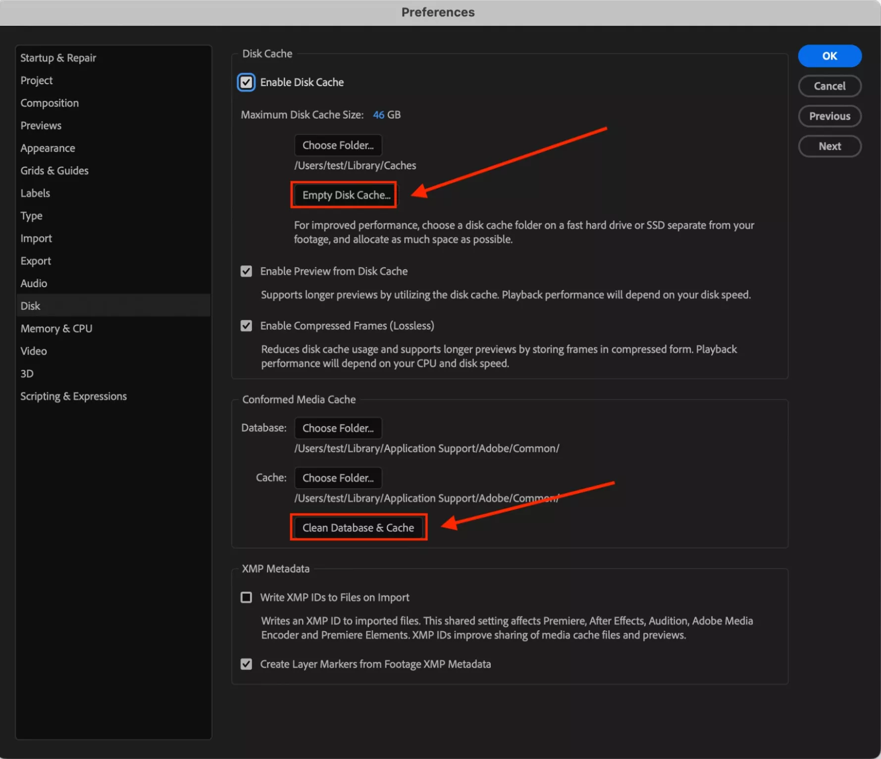 After Effects Media and Disk Cache preferences panel