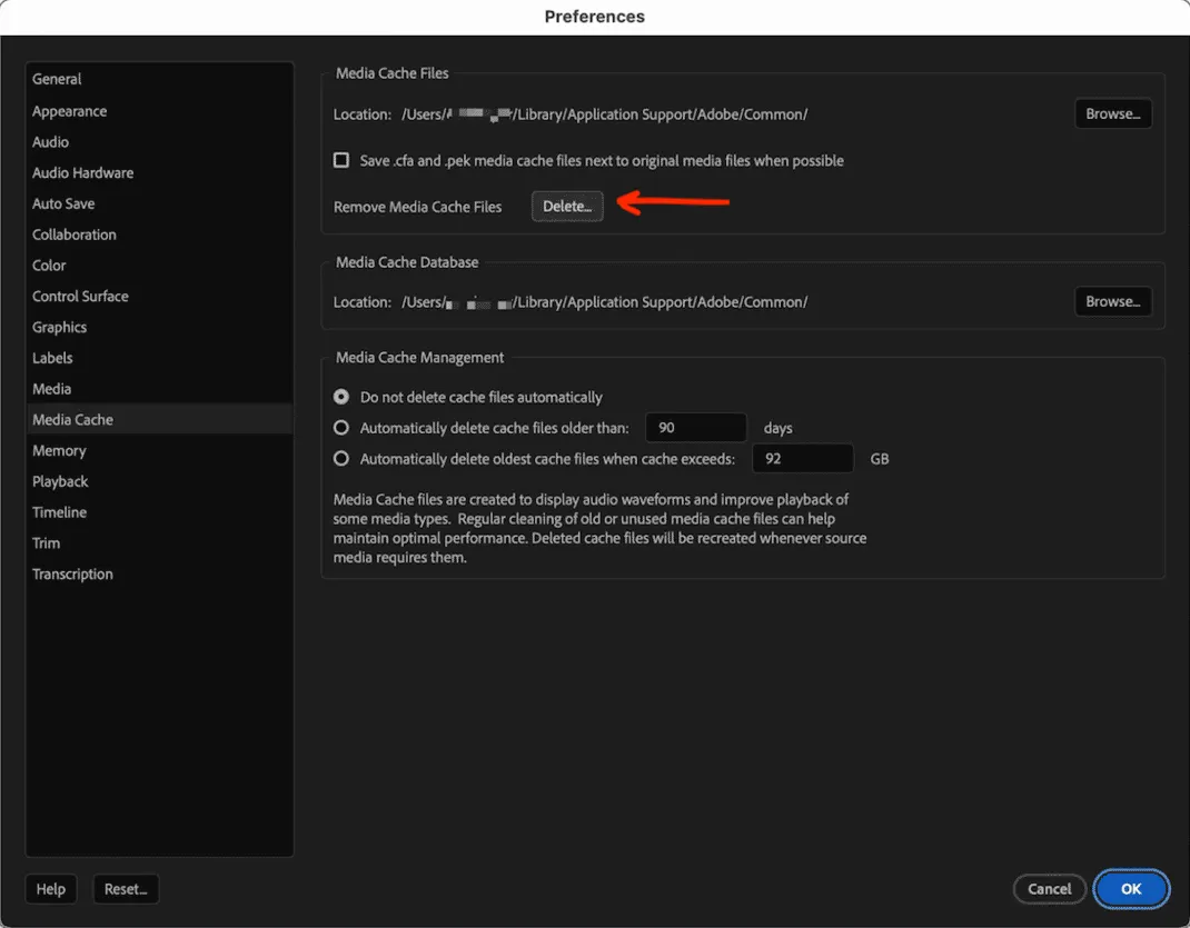 Premiere Pro Media Cache settings panel showing the Delete button