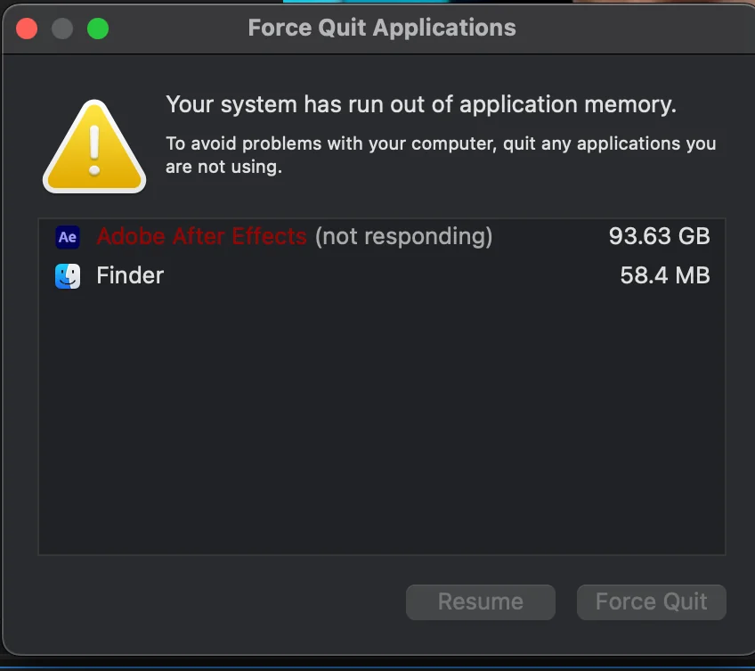 macOS Force Quit window showing After Effects not responding due to low application memory