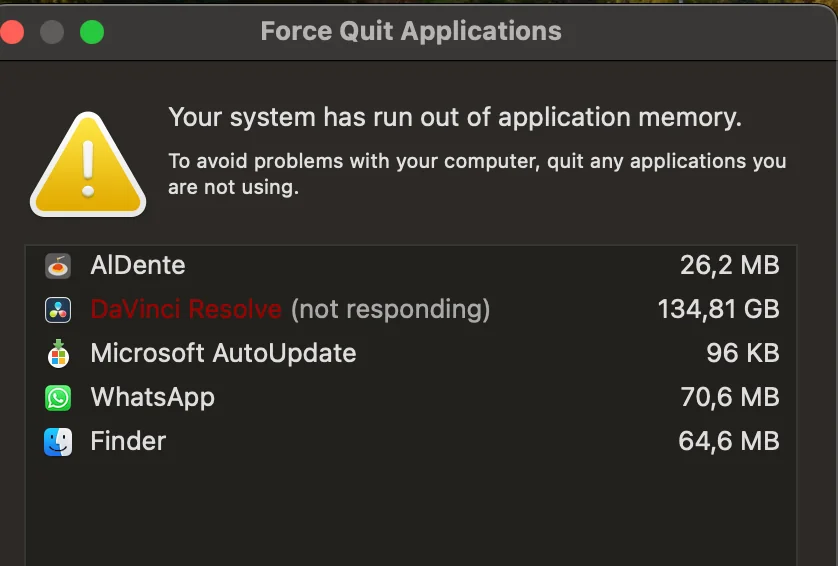 macOS Force Quit window showing DaVinci Resolve not responding due to low application memory