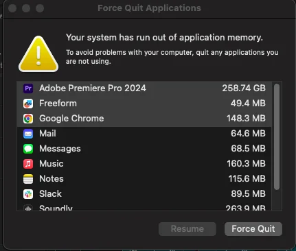 macOS Force Quit window showing Premiere Pro using excessive application memory